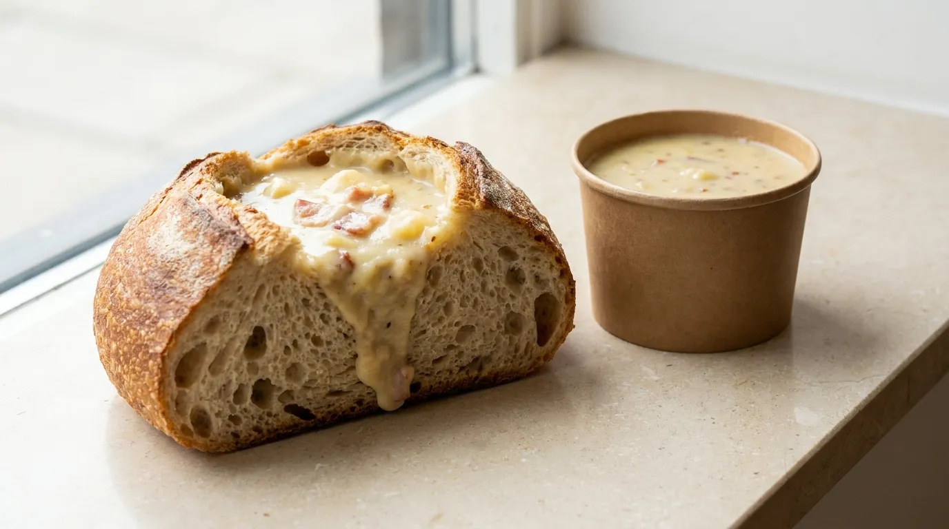 A Panera sourdough bread bowl cut in half beside a cup of the same soup
