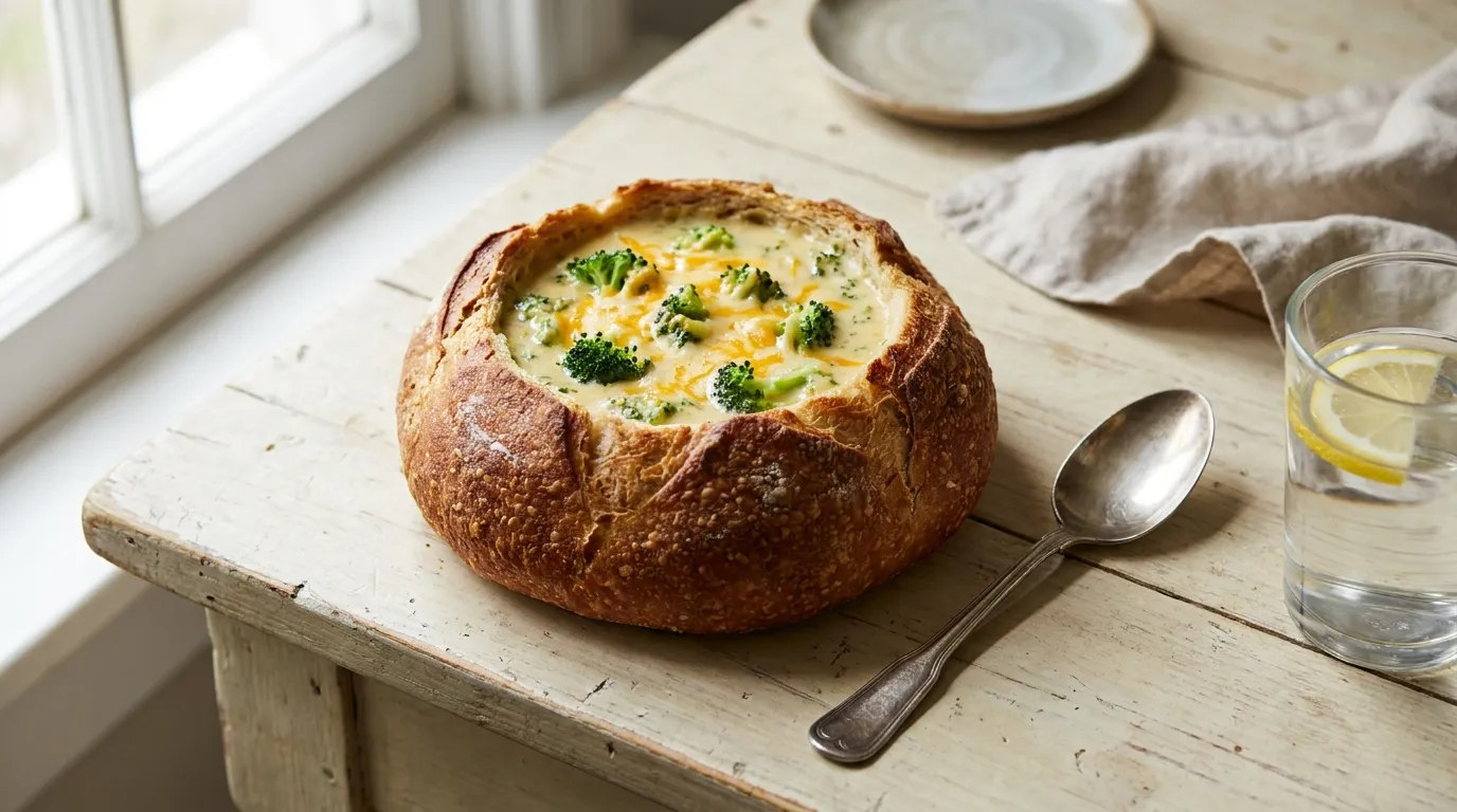 A Panera sourdough bread bowl filled with broccoli cheddar soup on a cafe table