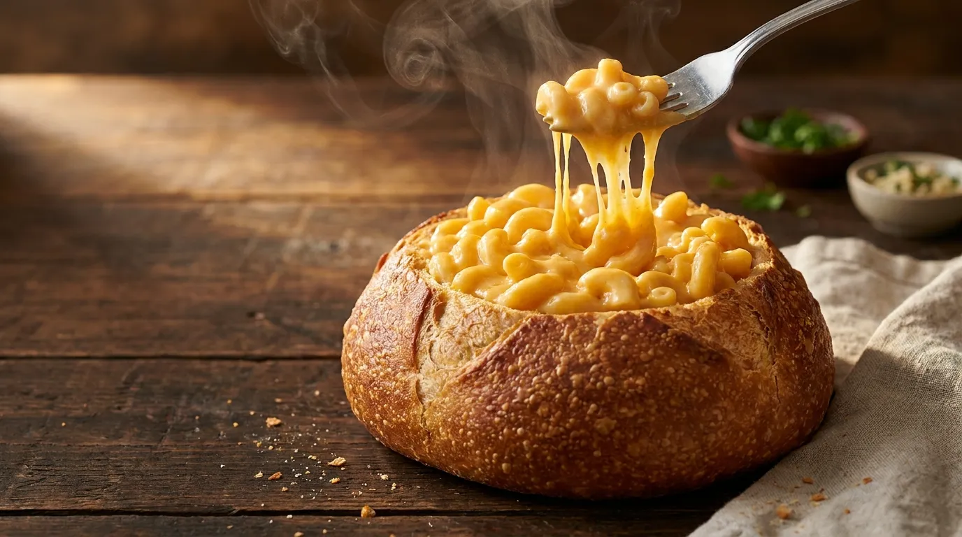 Panera mac and cheese served in a sourdough bread bowl