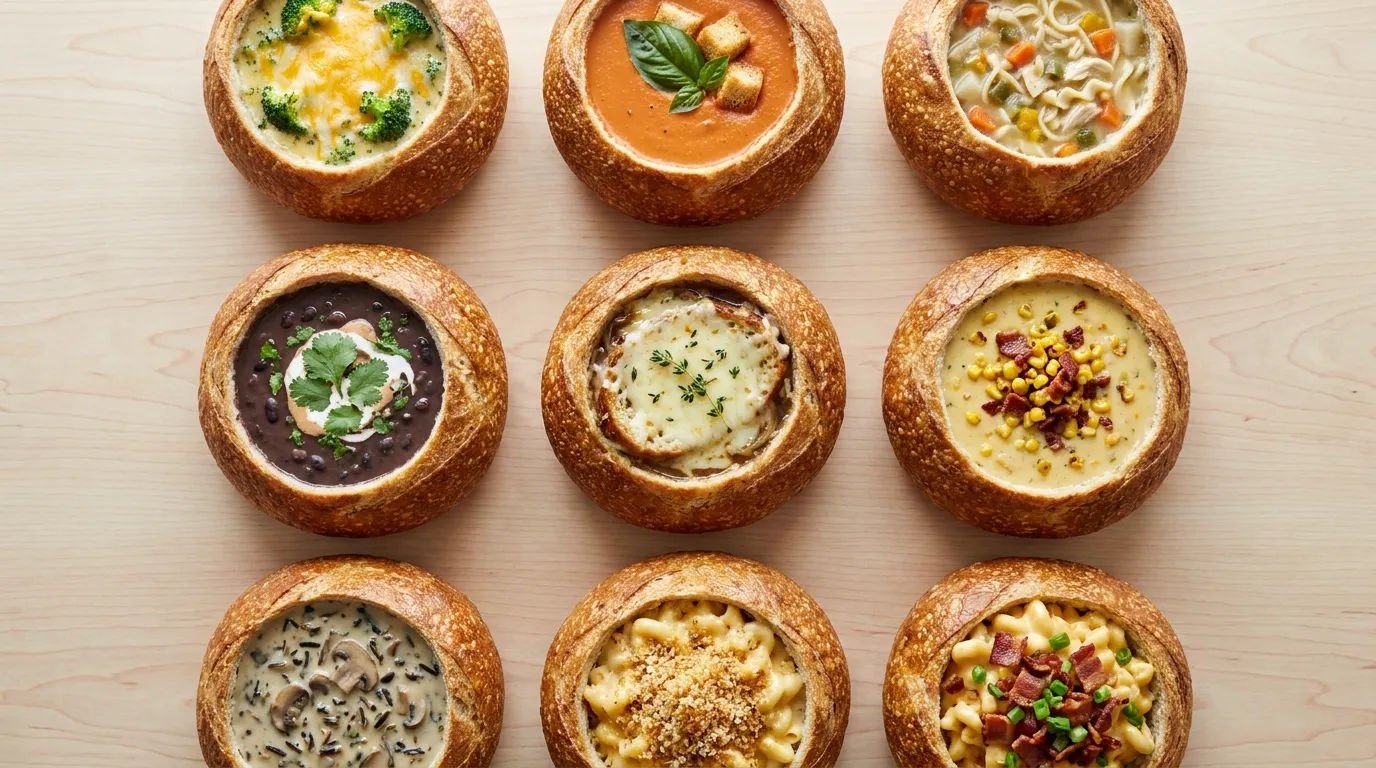 Nine Panera soups, each in a sourdough bread bowl