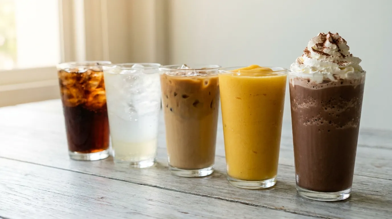 A row of Panera drinks, from a fountain soda to a frozen hot chocolate
