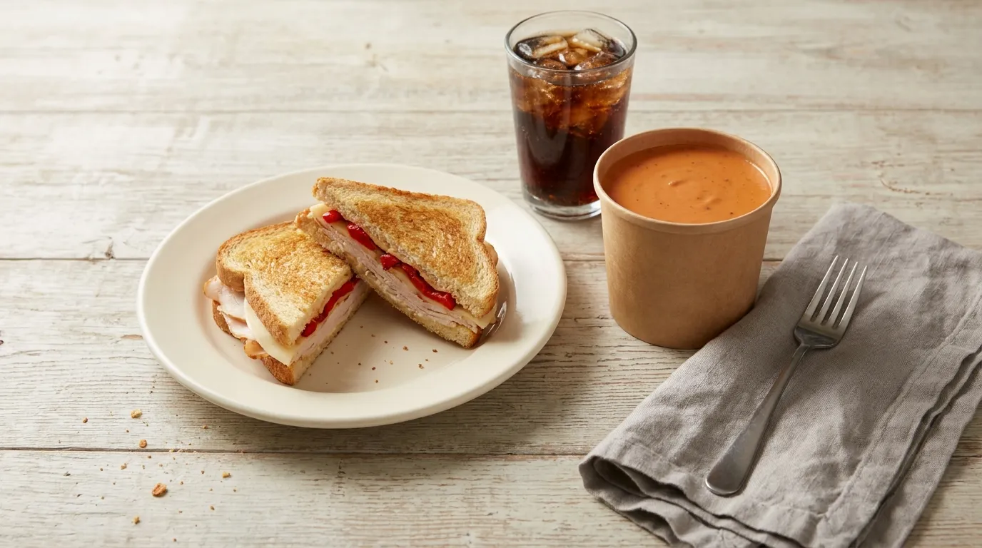 A Panera sandwich, soup and fountain drink laid out on a cafe table