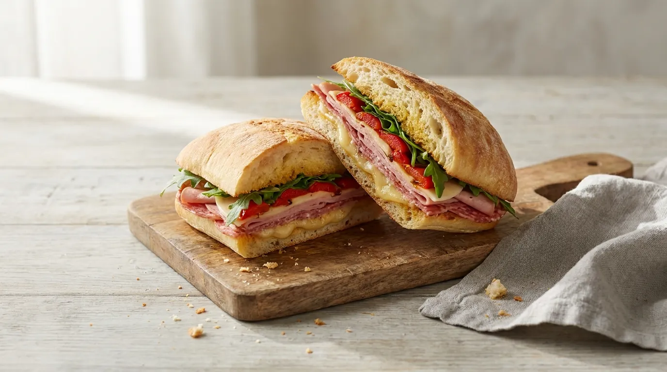 A Panera Toasted Italiano sandwich cut in half on a wooden board