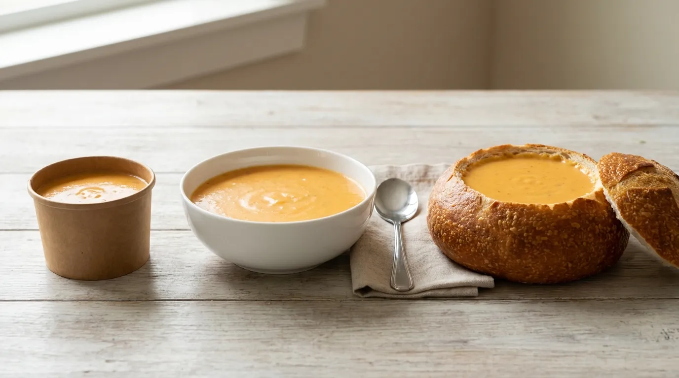 The same Panera soup in a cup, a bowl and a sourdough bread bowl, side by side