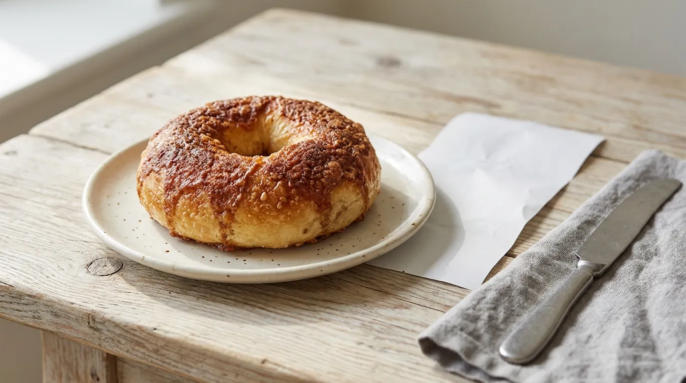 A Panera cinnamon crunch bagel on a plate beside a receipt