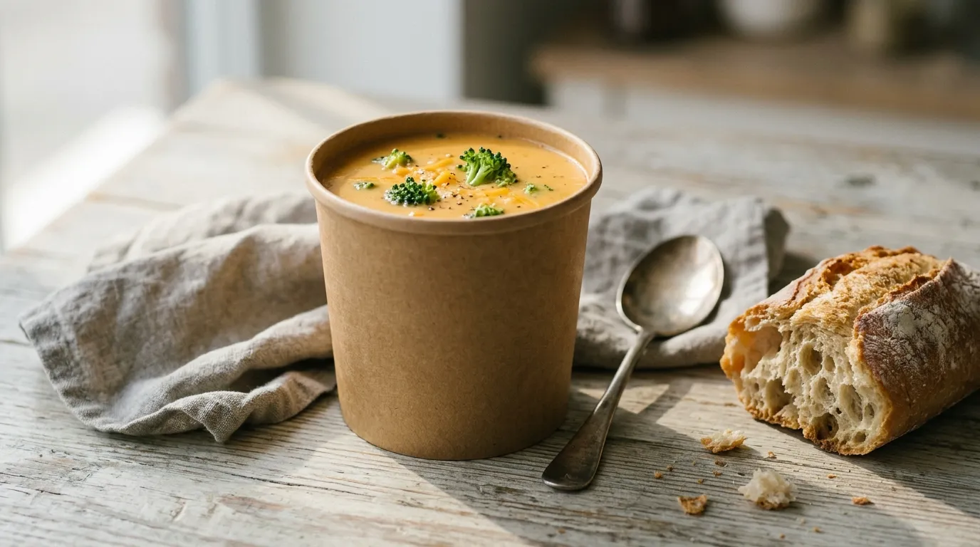 A cup of Panera broccoli cheddar soup on a cafe table