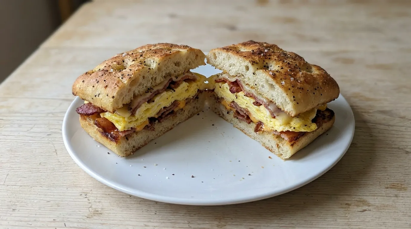 Panera Bacon Double Take: Applewood smoked bacon (x2!) and scrambled egg, melty American cheese & provolone, with salt and pepper on Panera's Black Pepper Focaccia.