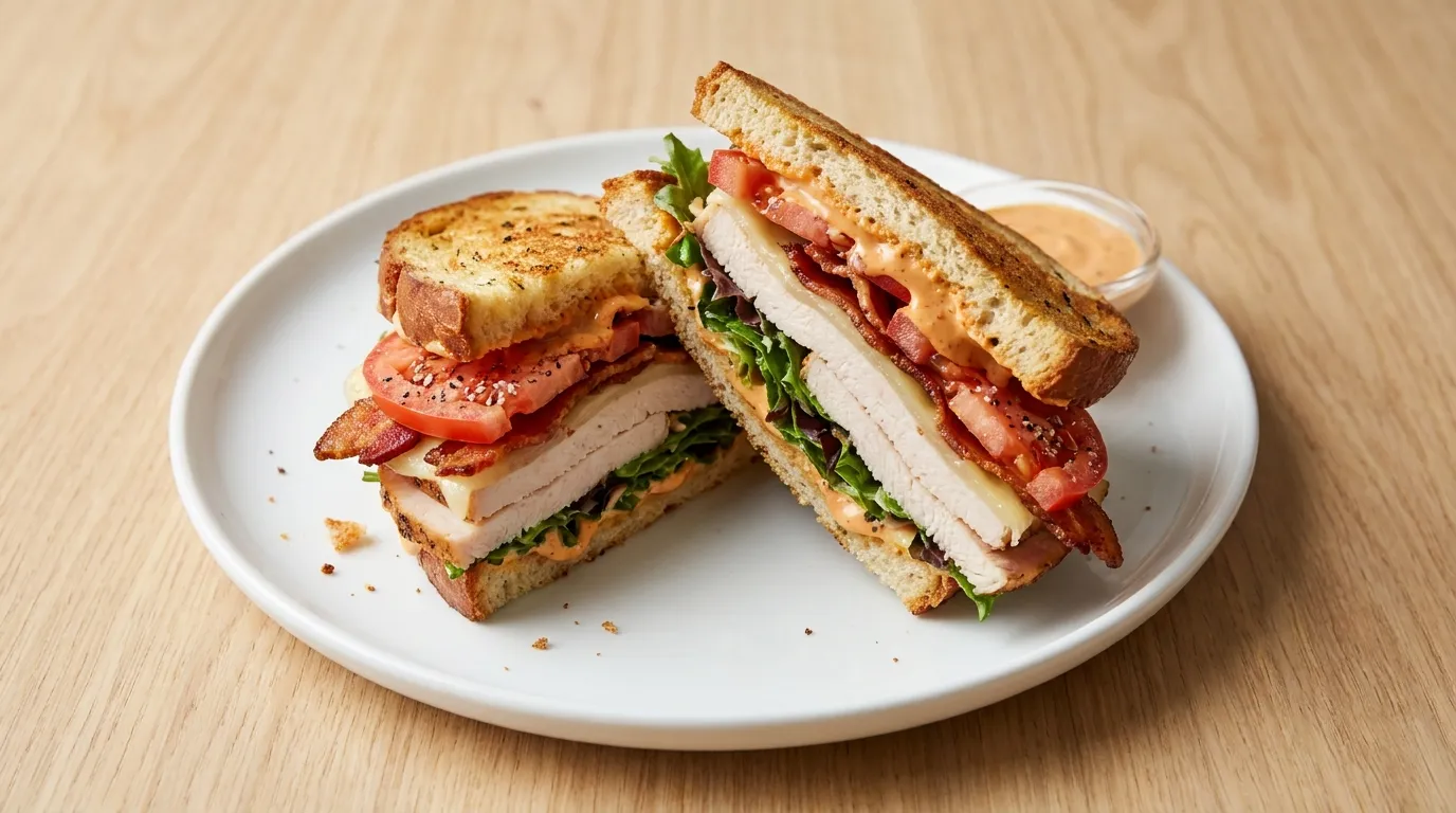 Panera Bacon Turkey Bravo®: Panera's take on a club starts with oven roasted turkey breast, applewood smoked bacon, aged white cheddar, crisp mixed greens, vine-ripened tomatoes, with salt and pepper, and drizzled with Panera's Signature Bravo sauce on Panera's Tomato Basil Miche.