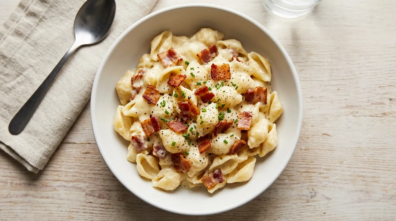 Panera Bacon Mac & Cheese - Group: Tender shell pasta in a blend of rich cheeses including Panera's tangy aged white cheddar sauce, topped with applewood smoked bacon.