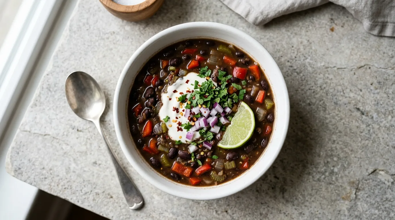 Panera Black Bean Soup - Group: A blend of black beans, garlic powder, celery, onion, and red bell peppers seasoned with cumin, oregano, ground red pepper, and a hint of lemon. Serves 4.