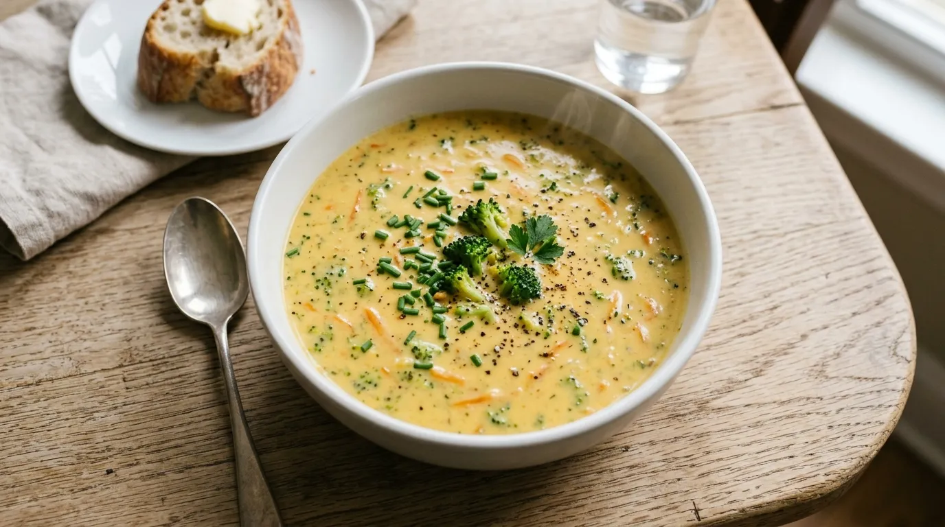 Panera Broccoli Cheddar Soup - Group: Chopped broccoli, shredded carrots and select seasonings simmered in a velvety smooth cheese sauce.  Serves 4.