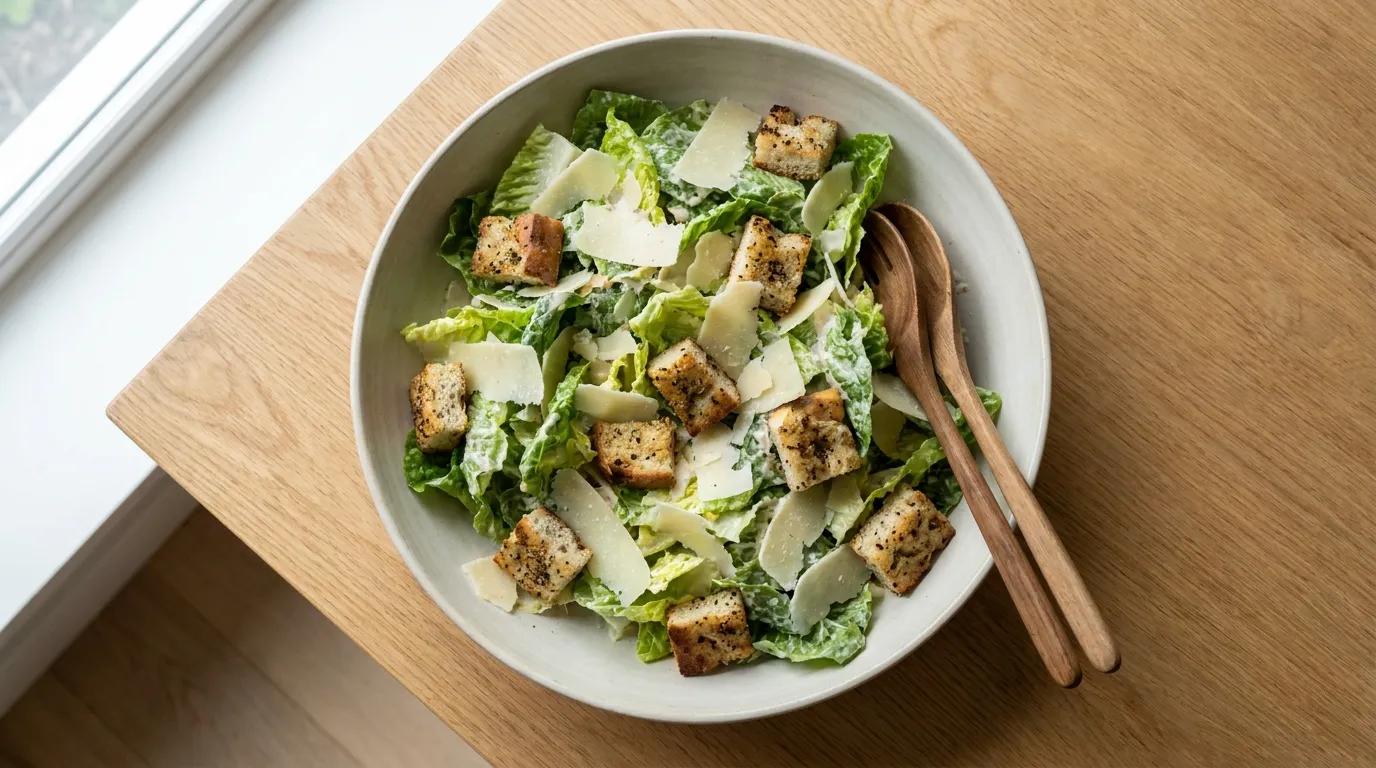 Panera Caesar Salad: Crisp romaine topped with shaved parmesan and croissant croutons with Caesar dressing on the side.