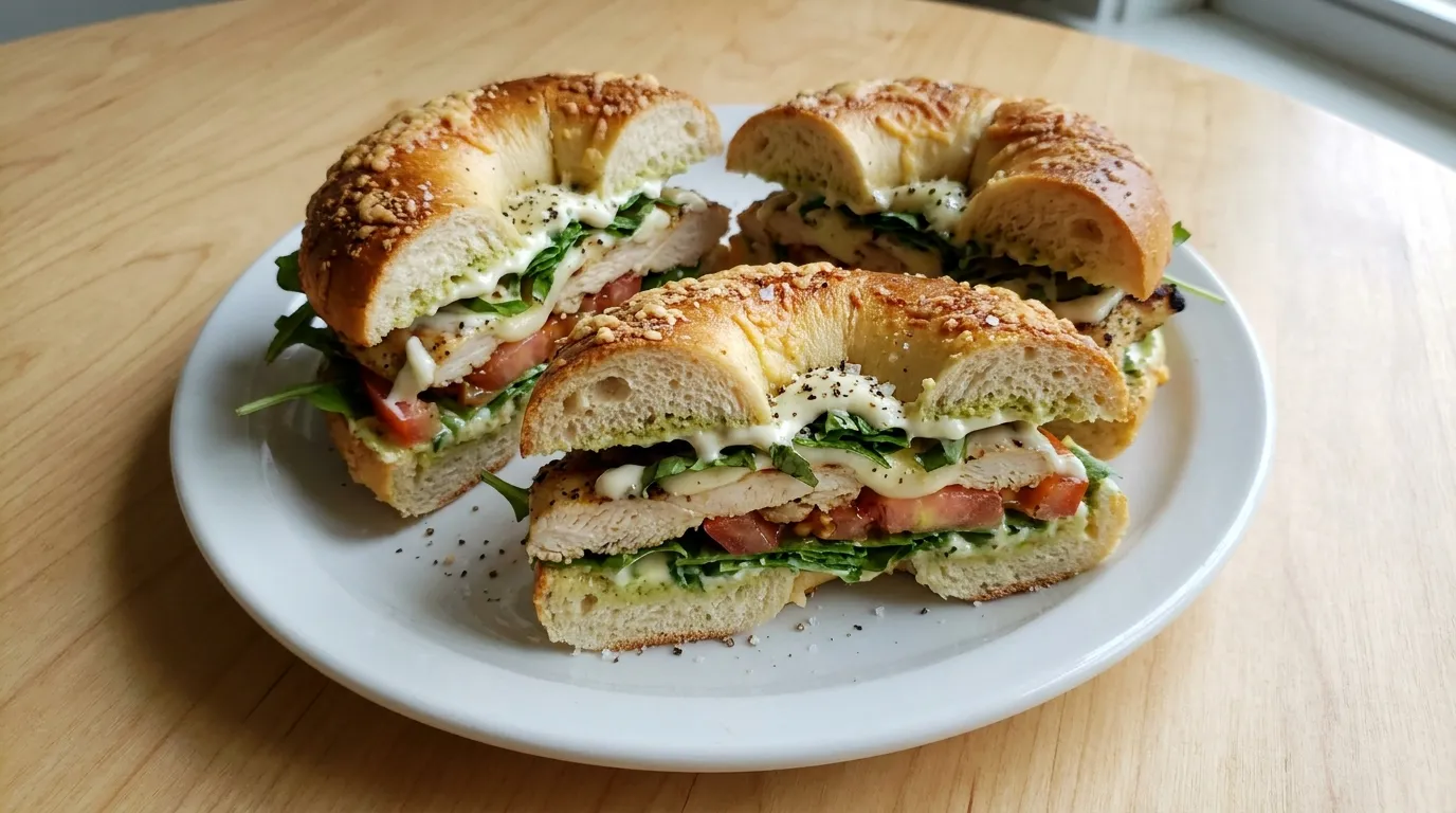 Panera Chicken Roma Asiago Bagel Stack: Grilled chicken, melty fresh mozzarella, vine-ripened tomatoes, chopped basil, fresh arugula, Green Goddess dressing, salt and pepper with a garlic aioli drizzle on Panera's Asiago Bagel.