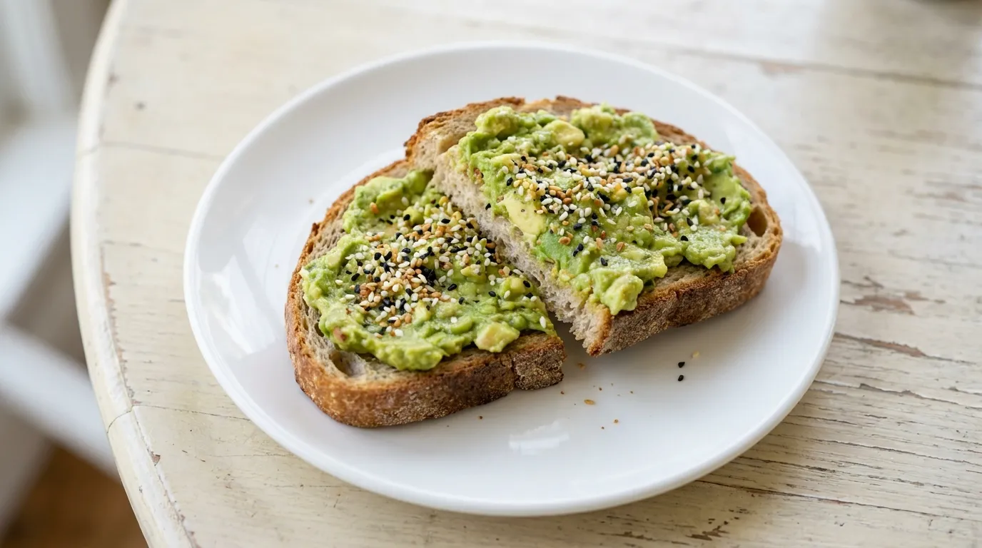 Panera Classic Avo: Chunky avocado spread sprinkled with everything bagel seasoning on Panera's Country Rustic Sourdough.