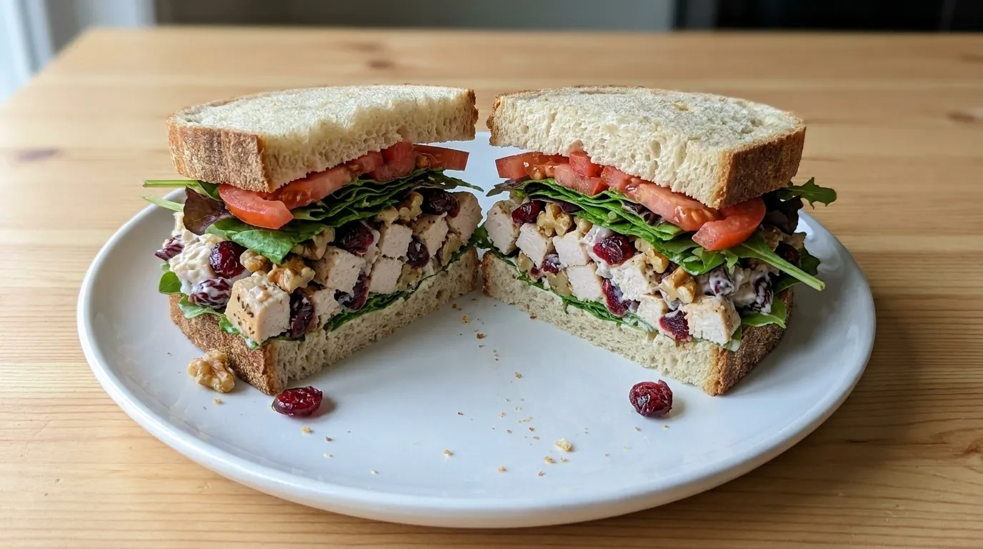 Panera Cranberry Walnut Chicken Salad Sandwich: Chicken salad made with diced chicken, dried cranberries, and walnuts tossed with creamy dressing, topped with crisp mixed greens and vine-ripened tomatoes on Panera's Country Rustic Sourdough.