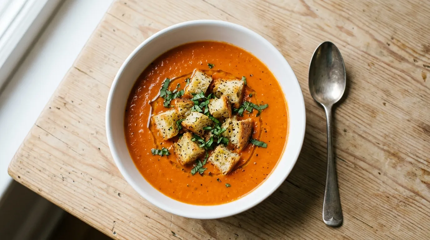 Panera Creamy Tomato Soup - Group: Vine-ripened pear tomatoes pureed with fresh cream for a velvety smooth flavor accented by hints of red pepper and oregano and topped with croissant croutons. Serves 4.