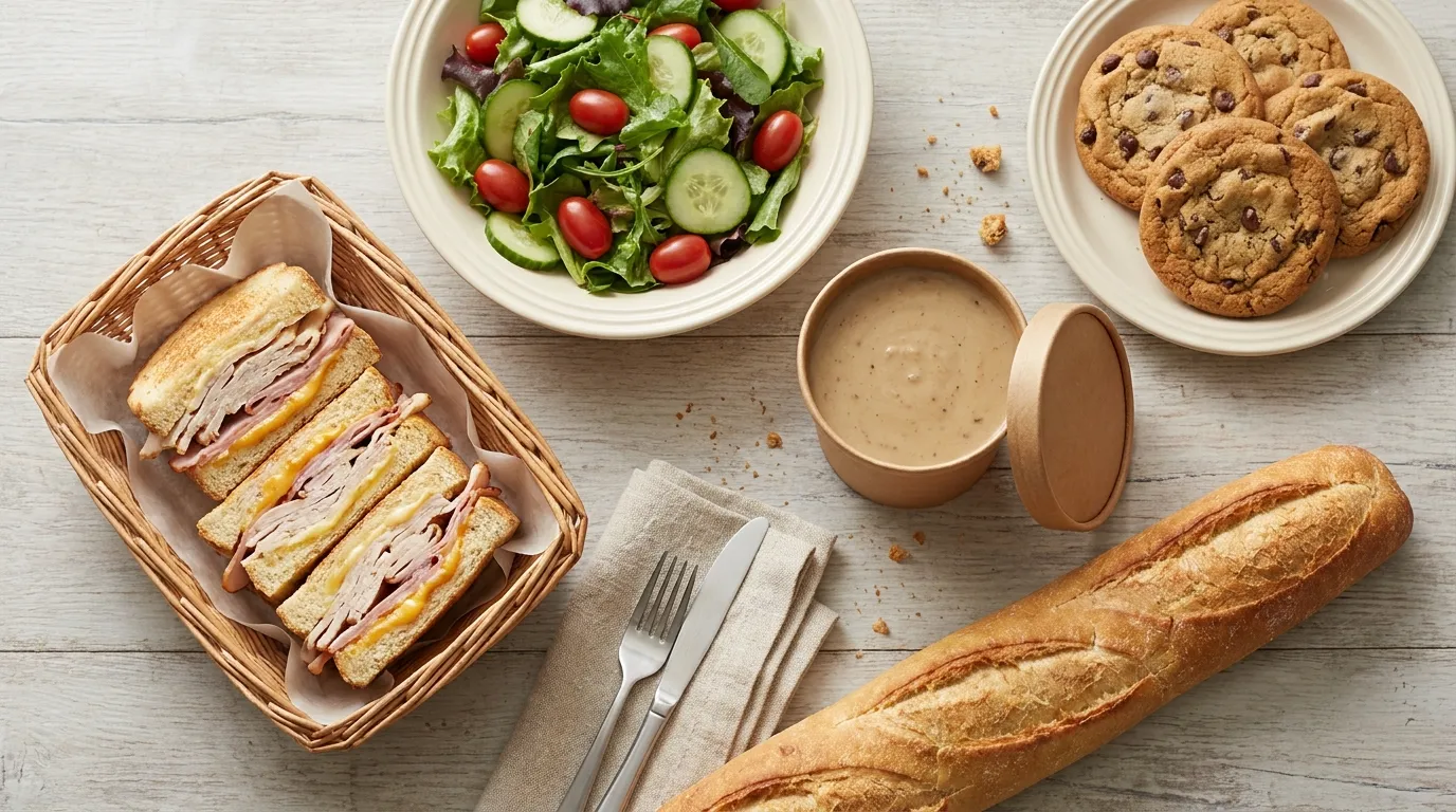 Panera Premium Family Feast with Cookies: A meal to feed the whole family. Includes 4 half sandwiches, 1 whole salad, 1 quart of soup, 1 whole French Baguette, and 4 Chocolate Chippers. Serves 4-6.