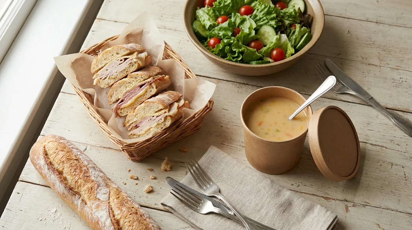 Panera Premium Family Feast: A meal to feed the whole family. Includes 4 half sandwiches, 1 whole salad, 1 quart of soup, and 1 whole French Baguette. Serves 4-6.