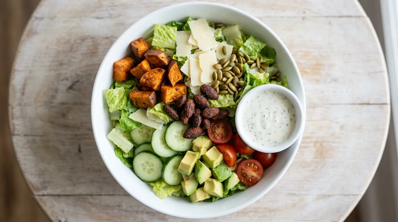 Panera Farmhouse Crunch Salad: Crisp romaine topped with glazed sweet potatoes, shaved parmesan, sliced cucumbers, grape tomatoes, fresh avocado, roasted pumpkin seeds, and candied black pepper almonds with farmhouse ranch dressing on the side.
