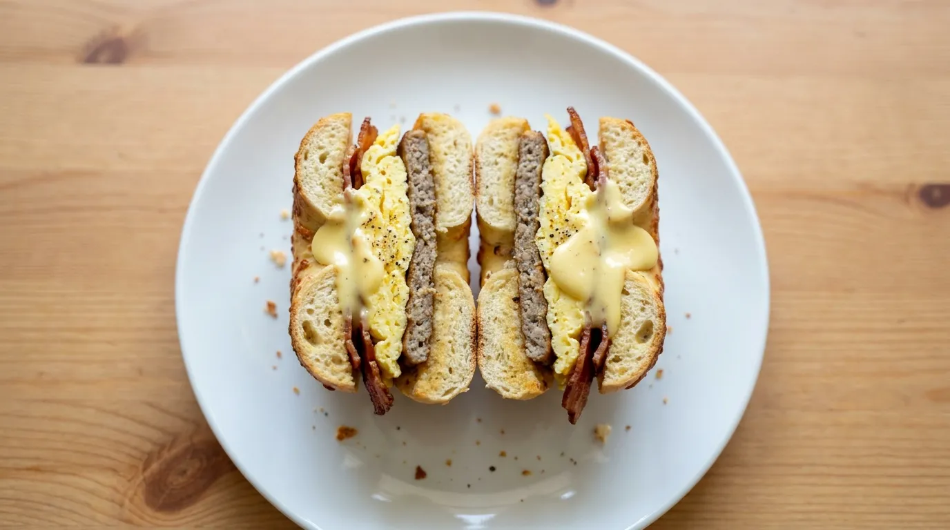 Panera Farmhouse Duo Asiago Bagel Stack: Applewood smoked bacon, savory sausage, scrambled egg, salt and pepper, and cheesy benedict sauce on Panera's Asiago Bagel.