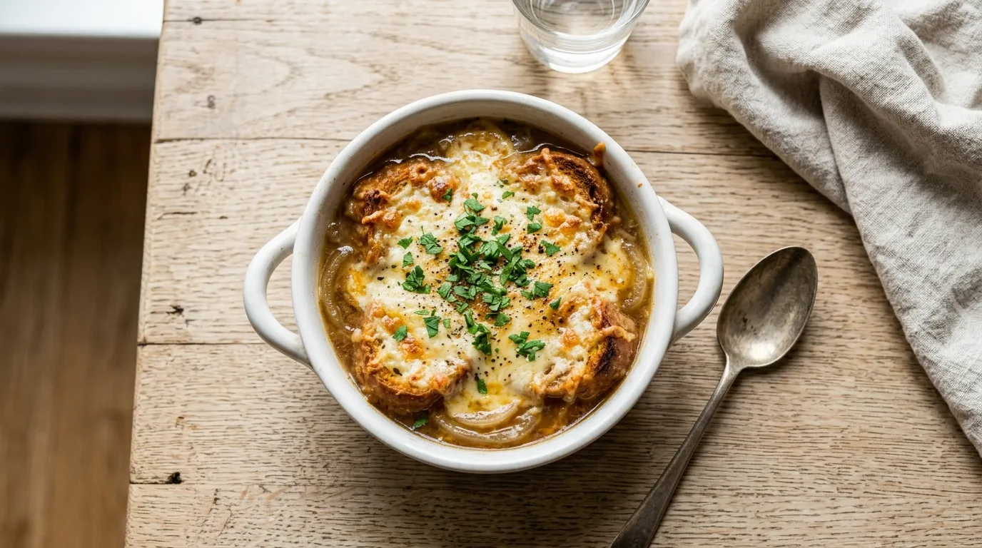 Panera Bistro French Onion Soup - Group: Sweet caramelized onions in a savory broth with a sherry wine vinegar gastrique, sea salt, topped with cheese and croissant croutons. Serves 4.