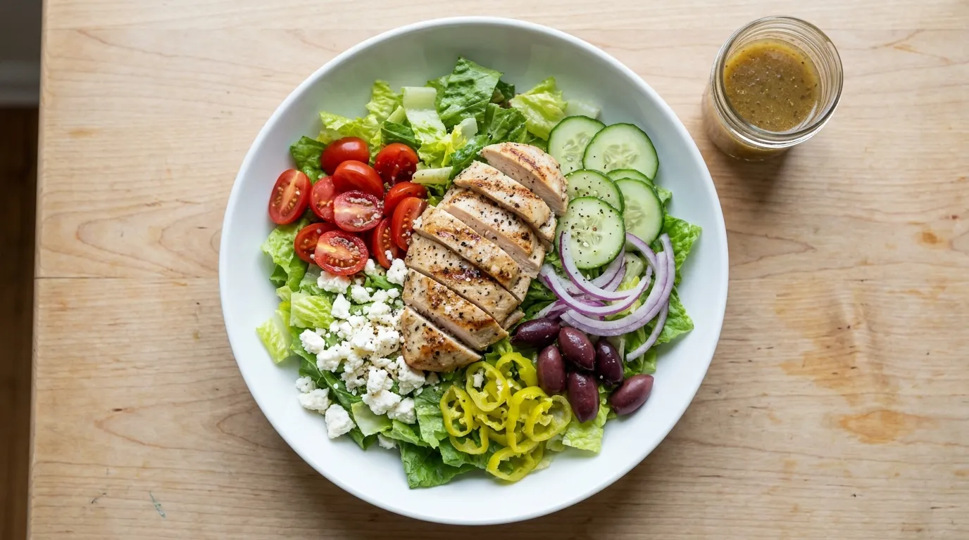 Panera Greek Salad with Chicken: Crisp romaine topped with grilled chicken, grape tomatoes, feta, sliced cucumbers, red onions, kalamata olives, sliced pepperoncini peppers, and salt and pepper with Greek dressing on the side.