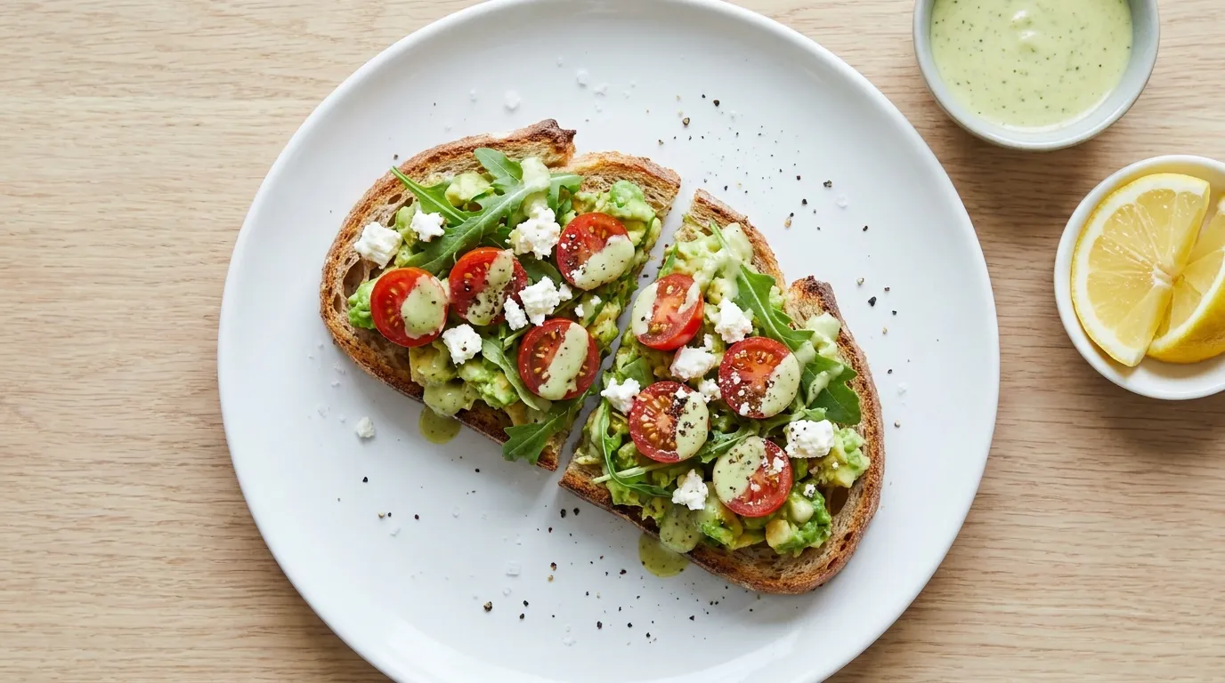 Panera Green Goddess Avo: Chunky avocado spread topped with vine-ripened tomatoes, fresh arugula, feta, Green Goddess dressing drizzle and sprinkled with salt and pepper on Panera's Country Rustic Sourdough.
