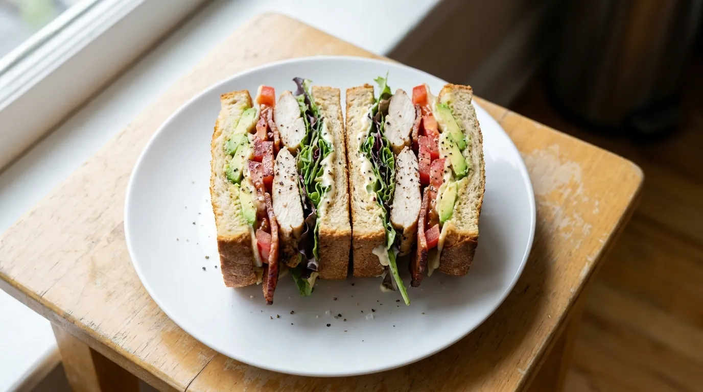 Panera Grilled Chicken & Avo BLT: Grilled chicken with applewood smoked bacon, crisp mixed greens, vine-ripened tomatoes, aged white cheddar, fresh avocado, with salt and pepper, and garlic aioli drizzle on Panera's Country Rustic Sourdough.