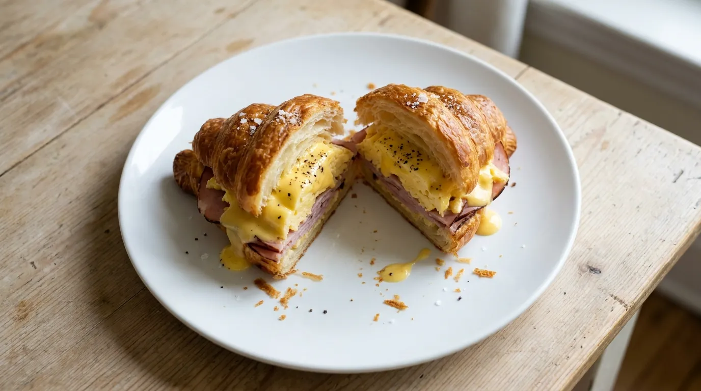 Panera Ham Croissant Benny: Black Forest ham, scrambled egg, salt and pepper, with Panera's cheesy benedict sauce on Panera's flaky, all-butter Croissant.