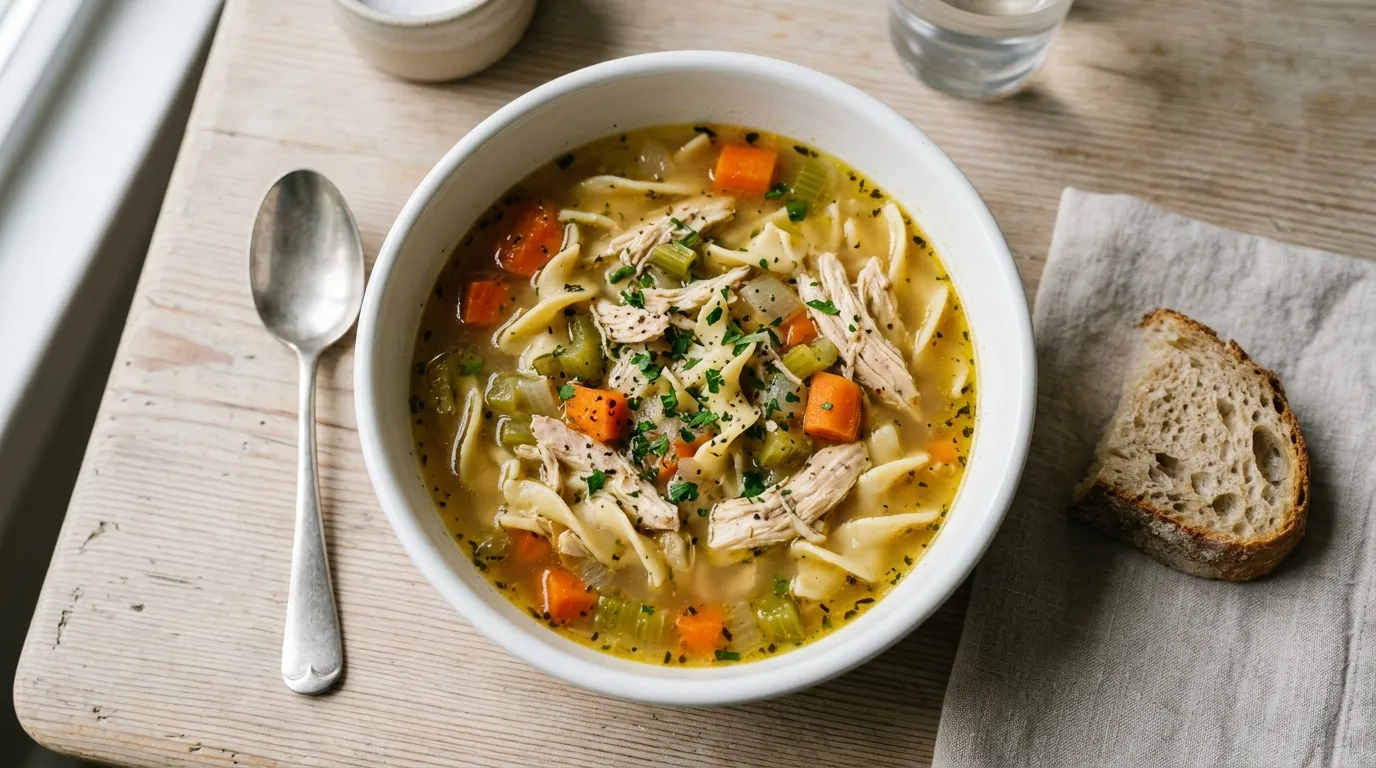 Panera Homestyle Chicken Noodle Soup - Group: Tender pieces of white-meat chicken simmered in a rich, perfectly seasoned homestyle chicken bone broth with curly egg noodles, sliced carrots, celery and herbs. Serves 4.