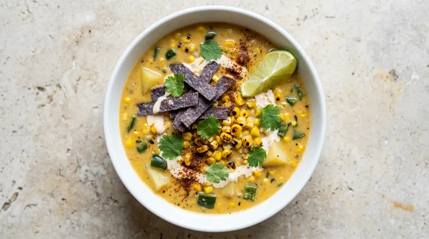 Panera Mexican Street Corn Chowder - Group: Sweet corn, fire-roasted poblano peppers, russet potatoes, chile powder, lime juice and cilantro in a creamy broth topped with Blue Corn Tortilla Strips. Serves 4.