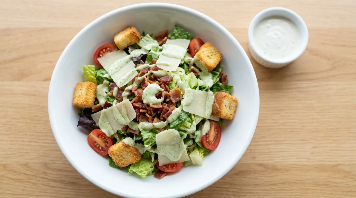 Panera Ranch Parm BLT Salad: Mixed greens and crisp romaine topped with grape tomatoes, applewood smoked bacon, shaved parmesan, croissant croutons and green goddess dressing drizzle with farmhouse ranch dressing on the side.