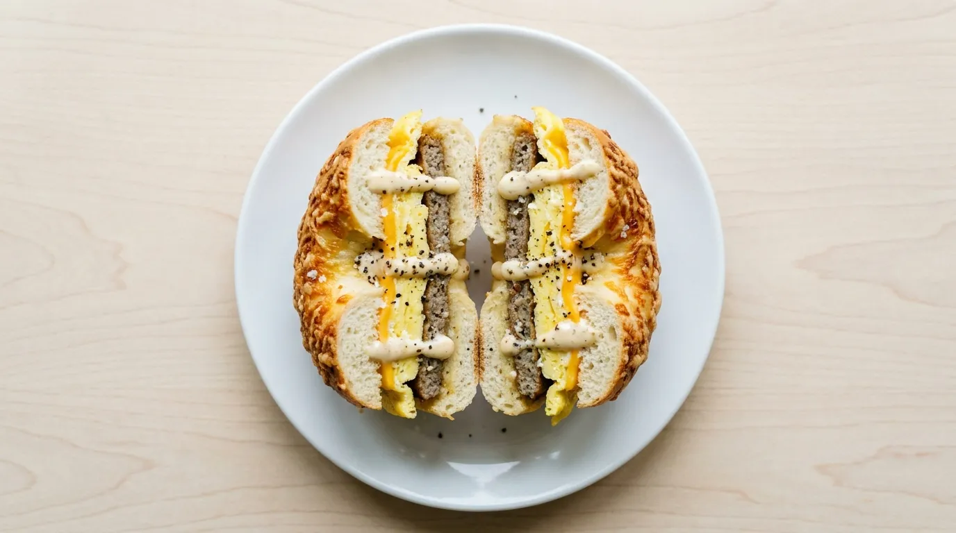 Panera Sausage & Egg Asiago Bagel Stack: Savory sausage and scrambled egg with melty American cheese, salt and pepper, and garlic aioli drizzle on Panera's Asiago Bagel.