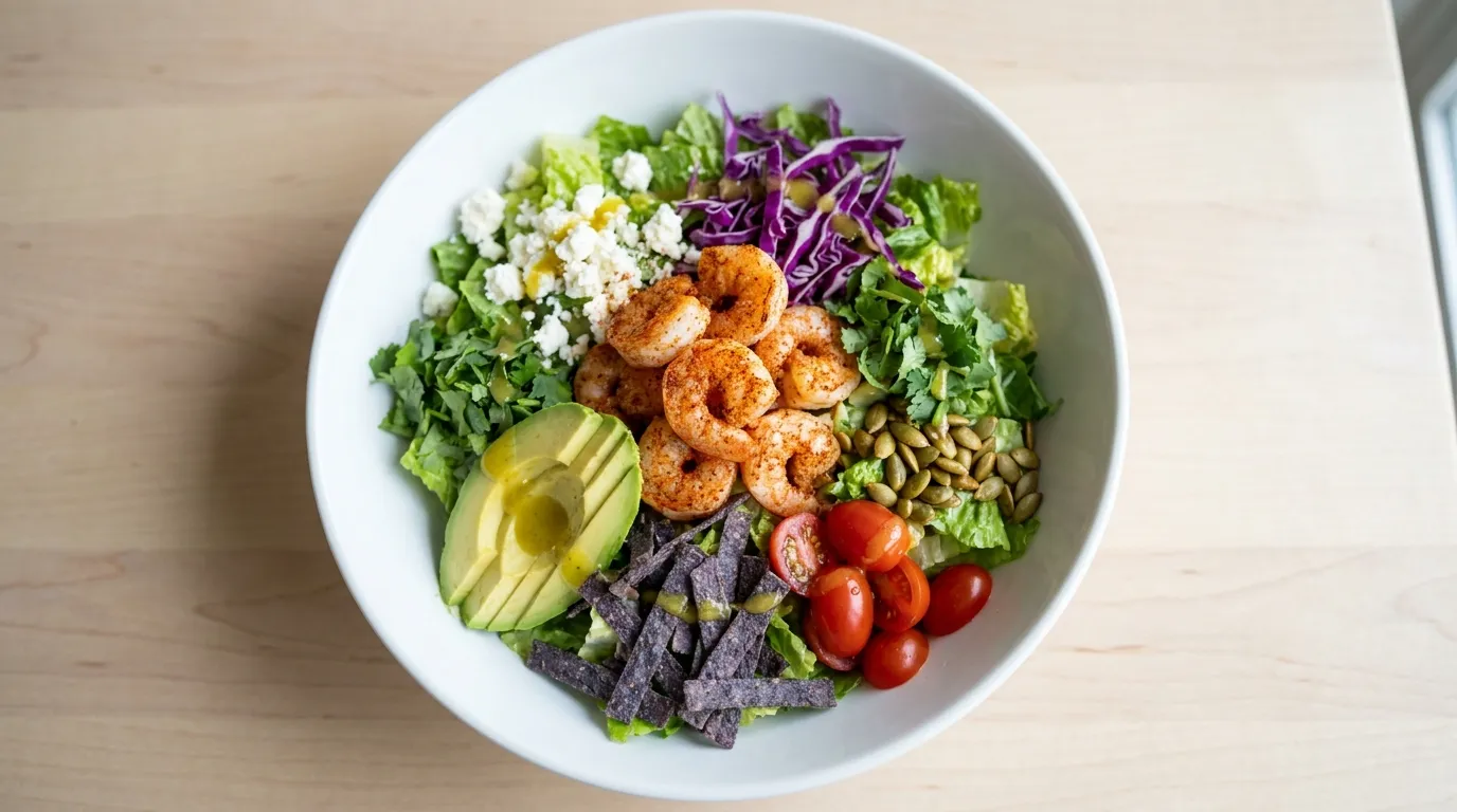 Panera Shrimply Baja Salad: Crisp romaine topped with tender shrimp, feta, shredded red cabbage, fresh avocado, grape tomatoes, fresh cilantro, roasted pumpkin seeds, blue corn tortilla strips, taco seasoning and zesty, smoky lemon vinaigrette drizzle with creamy garden herb dressing on the side.