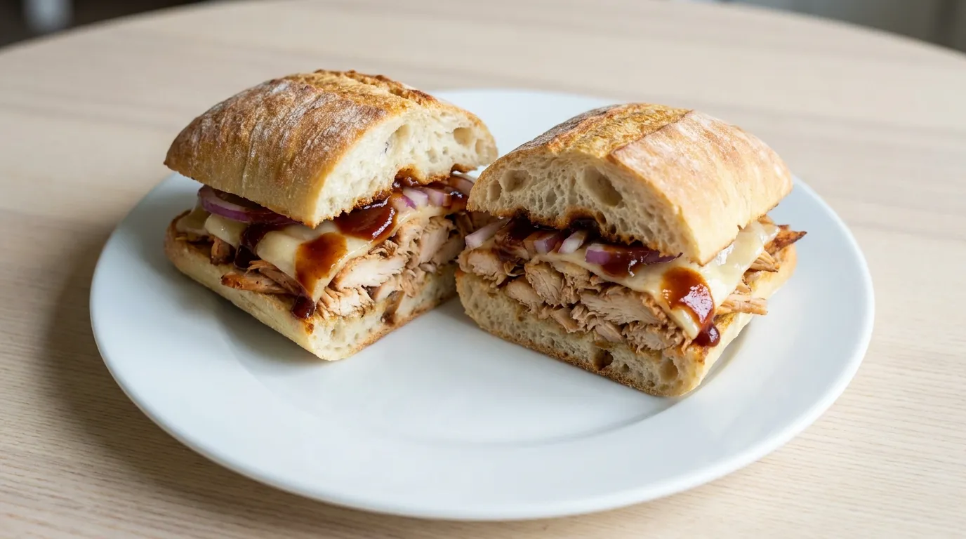 Panera Smokehouse BBQ Chicken: Smoked, pulled chicken with melty aged white cheddar, red onions, and BBQ sauce drizzle on Panera's Ciabatta.