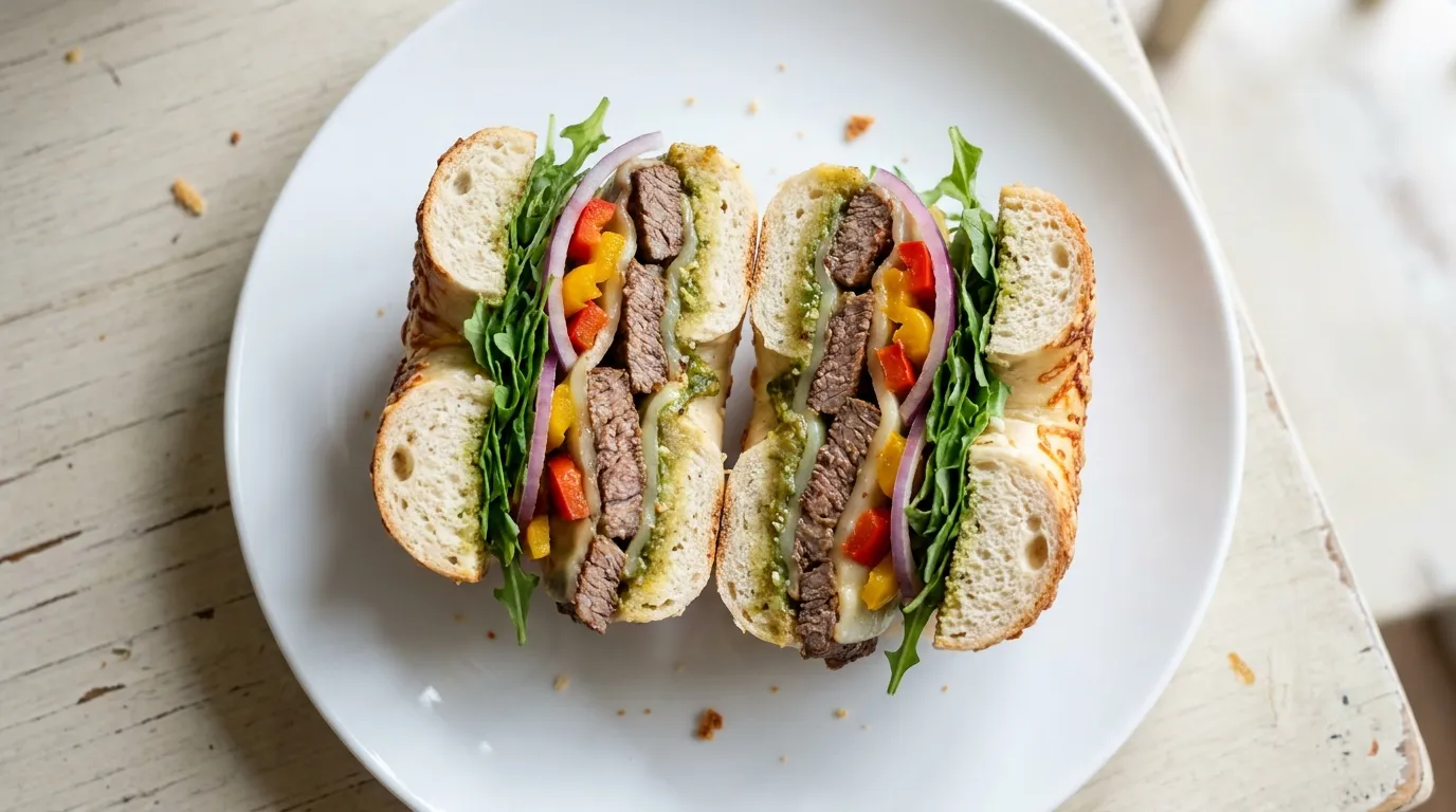 Panera Spicy Steak Asiago Bagel Stack: Tender, marinated steak with melty provolone, creamy salsa verde spread, fresh arugula, red onions, and zesty sweet peppers on Panera's Asiago Bagel.