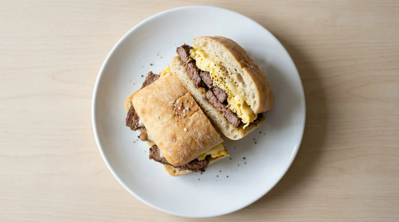 Panera Steak & Wake: Tender, marinated sliced steak and scrambled egg with melty aged white cheddar with salt and pepper on Panera's Ciabatta.