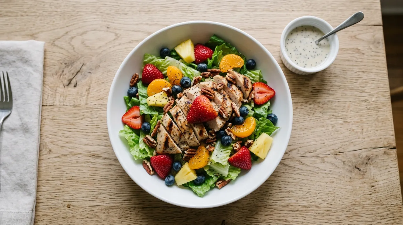 Panera Strawberry Poppyseed Chicken Salad: Crisp romaine topped with grilled chicken, mandarin oranges, fresh strawberries, blueberries, pineapple, and toasted pecan pieces with poppyseed dressing on the side.