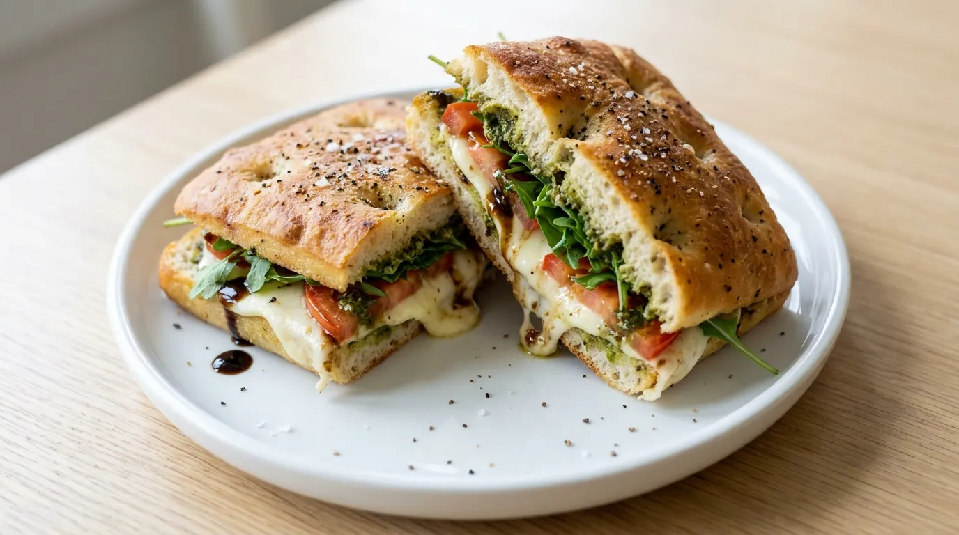 Panera Toasted Caprese Focaccia: Melty fresh mozzarella, vine-ripened tomatoes, fresh arugula, basil pesto spread, with salt and pepper, and balsamic glaze drizzle on Panera's Black Pepper Focaccia.