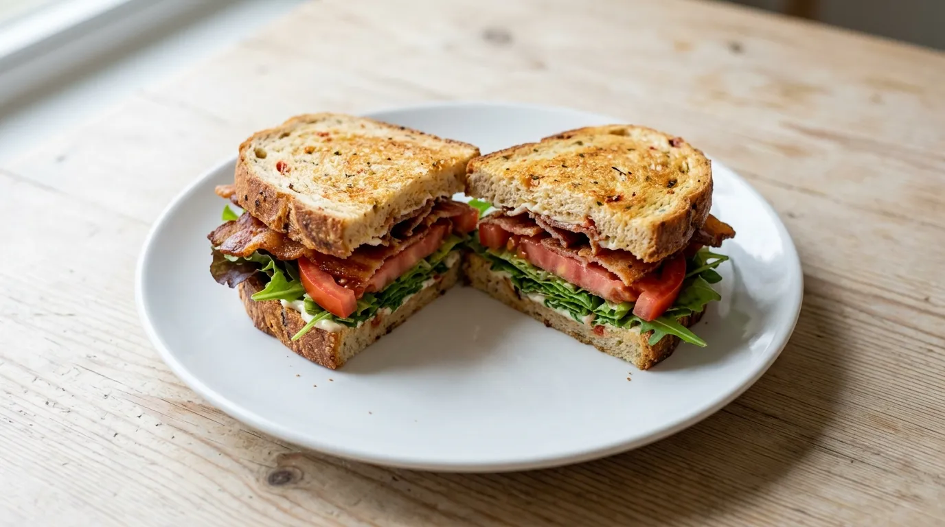 Panera Tomato Basil BLT: Applewood smoked bacon with crisp mixed greens, vine-ripened tomatoes, mayo, salt and pepper on Panera's Tomato Basil Miche.