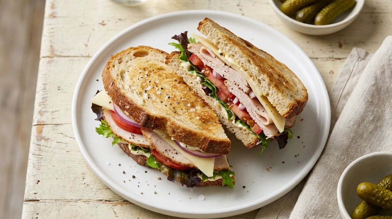 Panera Turkey & Cheddar Sandwich: Oven roasted turkey breast, aged white cheddar, crisp mixed greens, vine-ripened tomatoes, red onions, mayo, salt and pepper on Panera's Country Rustic Sourdough.