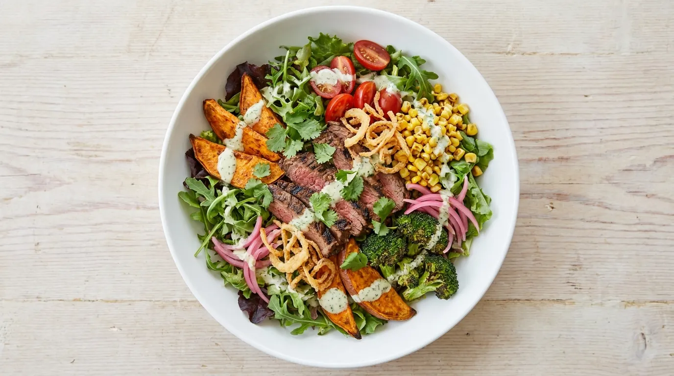 Panera Ultimate Garden Steak Salad: Mixed greens and fresh arugula topped with tender, marinated sliced steak, glazed sweet potatoes, grilled broccoli, roasted corn, grape tomatoes, pickled red onions, fresh cilantro, and crispy onions with creamy garden herb dressing on the side.