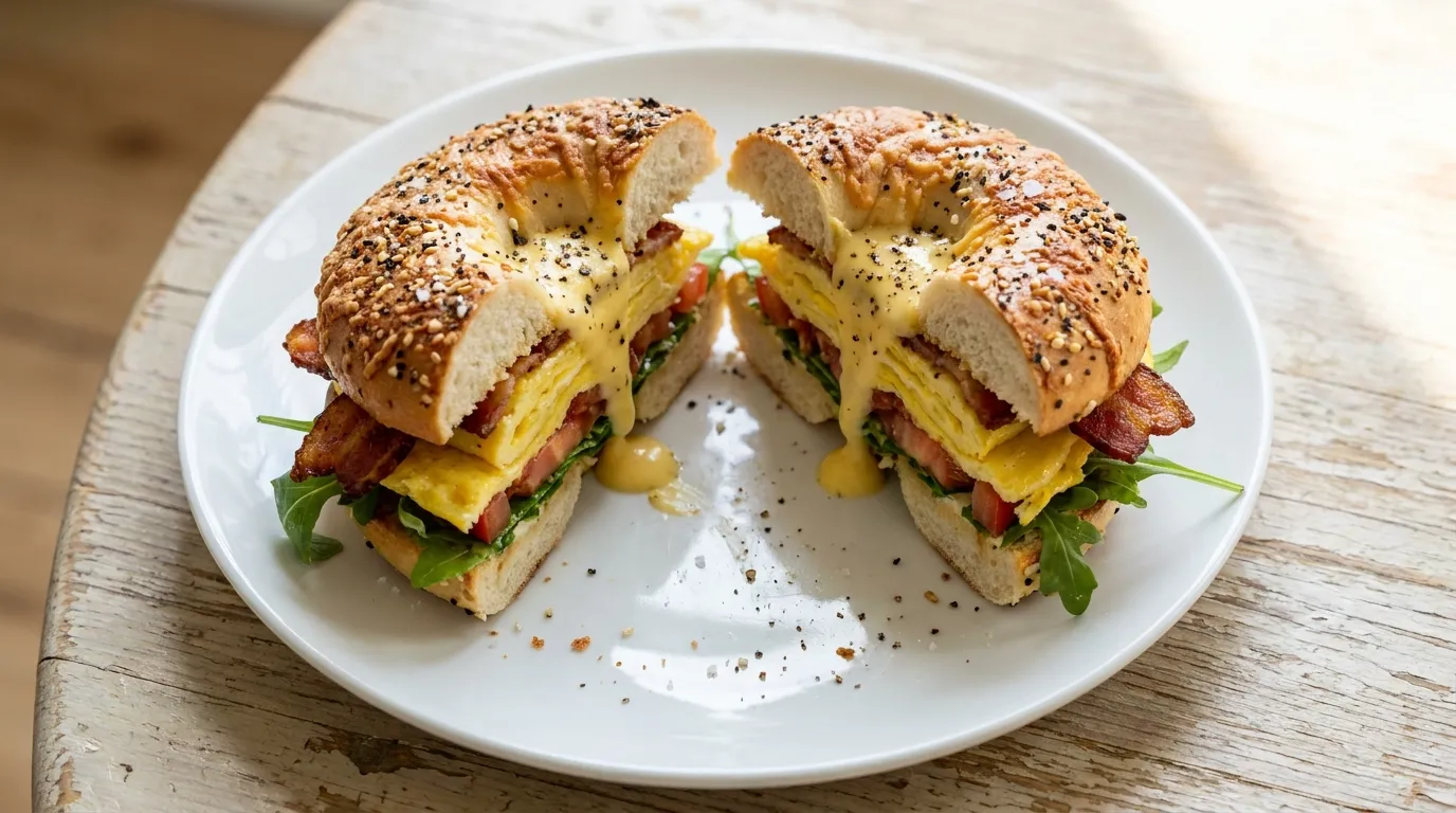 Panera Wake-Up BLT Asiago Everything Bagel Stack: Applewood smoked bacon and scrambled egg, with vine-ripened tomatoes, fresh arugula, salt and pepper, and cheesy benedict sauce on Panera's Asiago Everything Bagel.