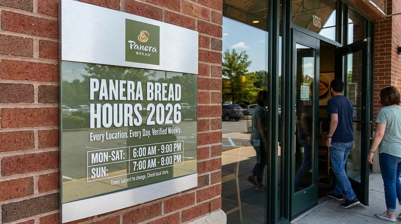 Panera Bread bakery-cafe storefront at sunrise showing opening hours and warm interior lighting