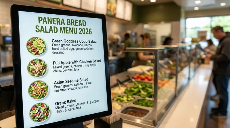 Panera Salad Menu 2026 - Fresh salads including Green Goddess Cobb, Fuji Apple with Chicken, Asian Sesame, and Greek Salad on premium greens