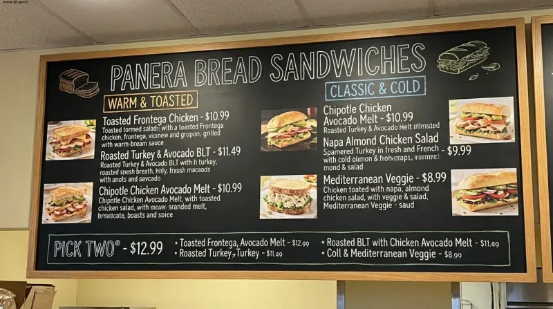 Panera Sandwiches Menu 2026 - Fresh sandwiches including Frontega Chicken, Mediterranean Veggie, and Turkey Avocado BLT on freshly baked bread