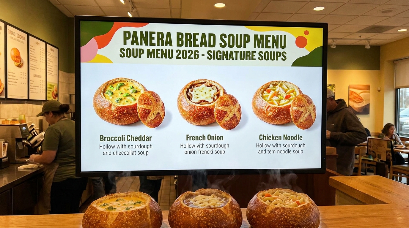 Panera Soup Menu 2026 - Signature soups including Broccoli Cheddar, French Onion, and Chicken Noodle in bread bowls